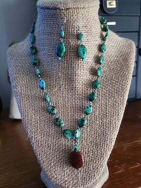 Turquoise Bead Necklace and Earrings Set with Red Pendant - Women Jewelry